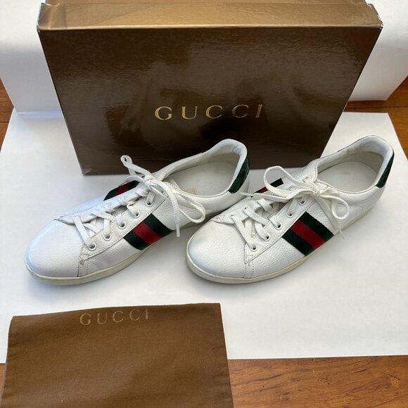GUCCI- VINTAGE WHITE LEATHER SNEAKER-RED/GREEN STRIPES & GREEN LEATHER SIZE 38.5 - Picture 3 of 14